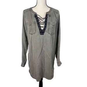 Express Olive Green Lace Up V Neck Button Cuffs Long Sleeve Tunic Shirt Dress SP